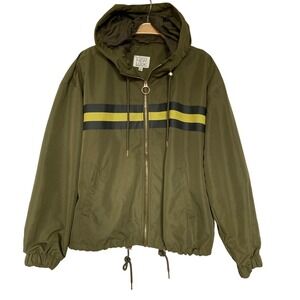 Retro Y2K Striped Hooded Windbreaker Jacket Women Size L Olive Green Gorpcore